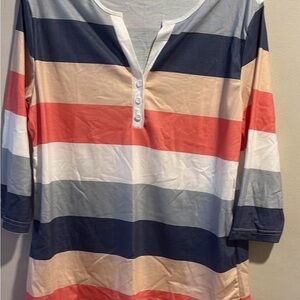 Striped Multicolor Women's 3/4 Length Sleeve Crew Neck With Buttons Blouse M